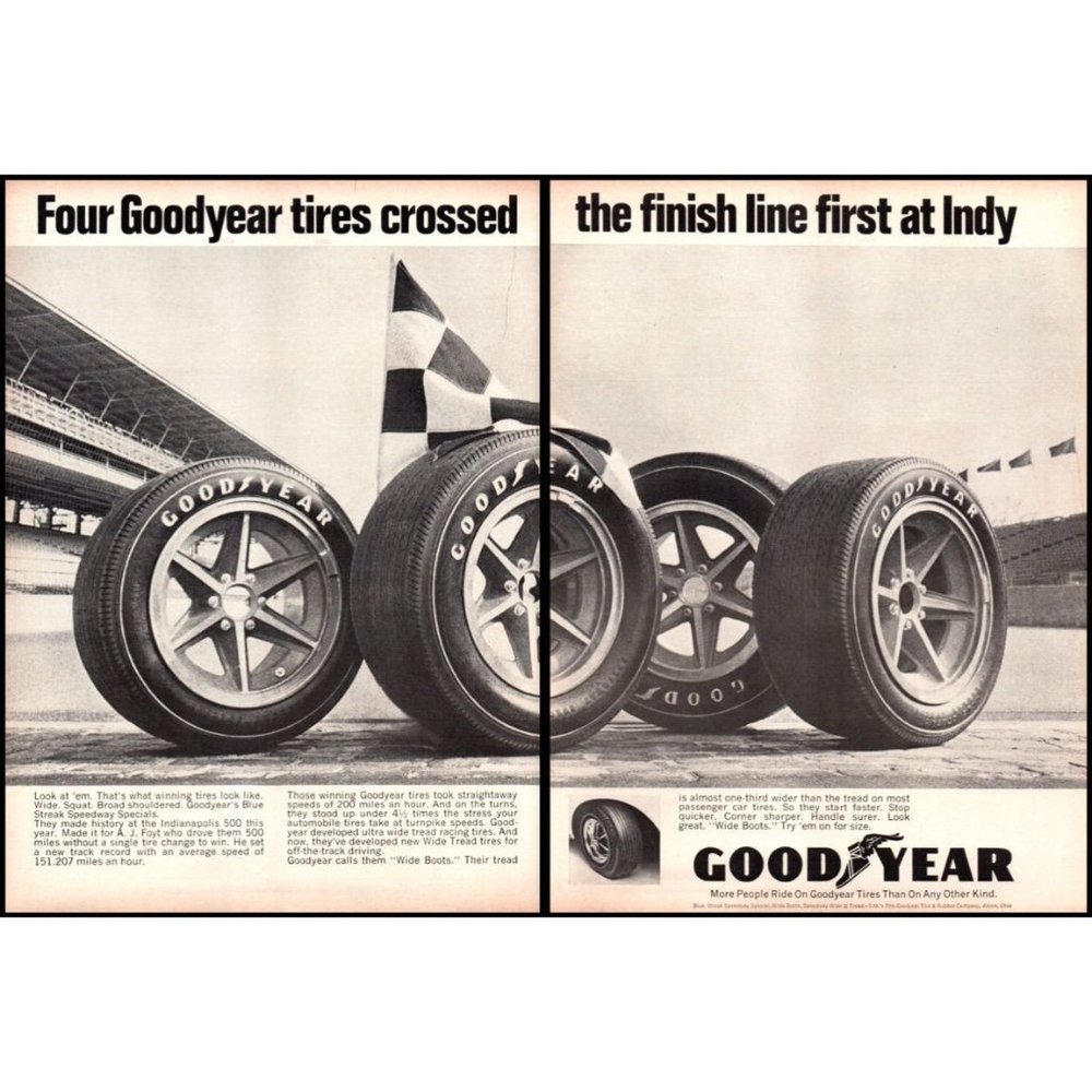 1967 Goodyear Tires Indianapolis 500 Indy 2 Page Vintage Print Ad Brickyard Art
